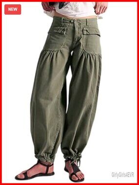 Women's Baggy Wide Leg Mid Rise Denim Jeans Pleated Ankle Drawstring